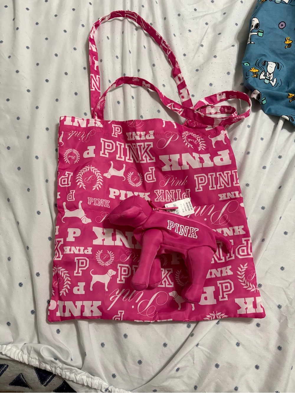 PINK Victoria's Secret Hot Pink Logo Print Tote with Dog Keychain